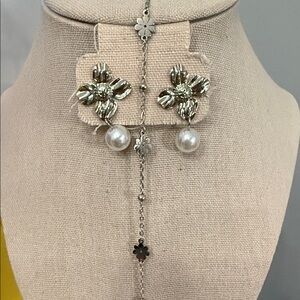 Stainless Steel Pearl Floral Earring Bracelet Set